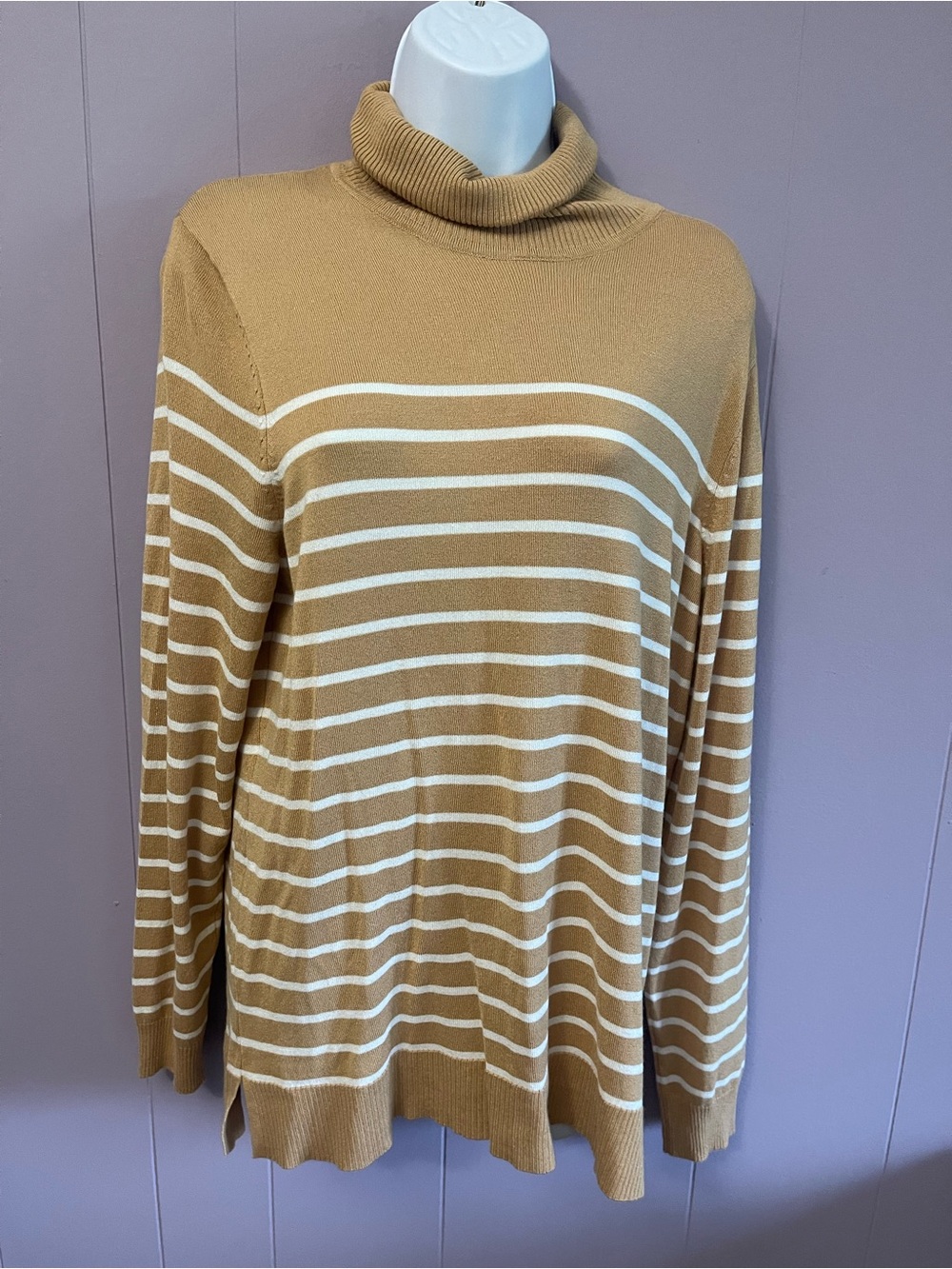 Style & Co. Camel and White Striped Turtleneck Sweater